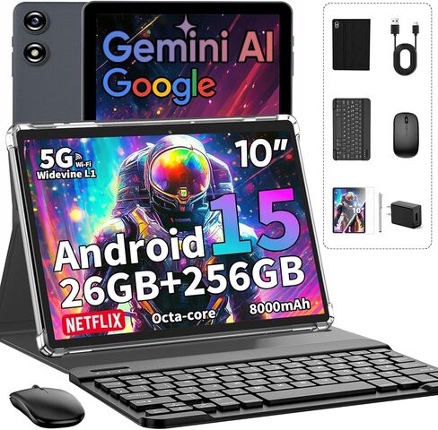 تابلت 2026 Android 15 مع لوحة مفاتيح، 26 جيجابايت + 256 جيجابايت + 2 تيرابايت، كمبيوتر لوحي 10 بوصة مع Gemini AI، ثماني النواة، 8000 مللي أمبير، 5G WiFi، Widevine L1، GPS، GMS، 2 في 1 أجهزة لوحية مع حافظة، ماوس، قلم (جراب أسود) in Kuwait
