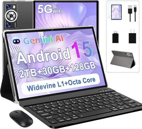 Android 15 Tablet 30GB RAM 128GB ROM 2TB TF, 2026 Electronics Tablets 10 Inch 8000mAh with Keyboard Mouse, 2.0GHz, 5G WiFi, BT 5.0, GMS Certified, Dual Camera, Gemini AI - Metal Black in Saudi Arabia