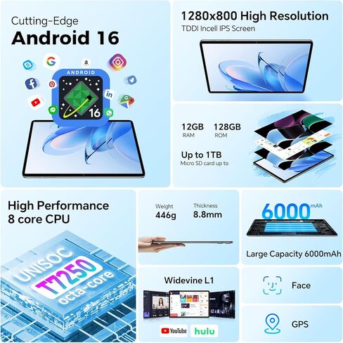 جهاز لوحي TECLAST Android 16 مقاس 10 بوصات، جهاز لوحي مزود بلوحة مفاتيح + حافظة + قلم + ماوس 10 ملحقات، ذاكرة وصول عشوائي 12 جيجابايت + ذاكرة تخزين داخلية 128 جيجابايت (1 تيرابايت TF)، وحدة المعالجة المركزية T7200 ثماني النواة، 5G Wi-Fi/Widevine L1/GPS/60 in Kuwait