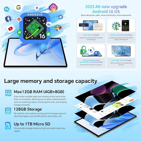 جهاز لوحي TECLAST Android 16 مقاس 10 بوصات، جهاز لوحي مزود بلوحة مفاتيح + حافظة + قلم + ماوس 10 ملحقات، ذاكرة وصول عشوائي 12 جيجابايت + ذاكرة تخزين داخلية 128 جيجابايت (1 تيرابايت TF)، وحدة المعالجة المركزية T7200 ثماني النواة، 5G Wi-Fi/Widevine L1/GPS/60 in Kuwait