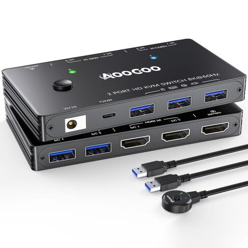USB C DP KVM Switch 2 أجهزة كمبيوتر 3 شاشات، 4K/1080P@60 هرتز MST KVM Switch لجهاز كمبيوتر واحد و1 كمبيوتر محمول مشاركة 3 شاشات مع 4 أجهزة USB3.0، PD للكمبيوتر المحمول، وكابلات USB ومحول الطاقة (4K USB C DP 2 في 3 خارج KVM) in Kuwait