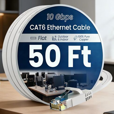 Cat 6 Ethernet Cable 50ft, Indoor&Outdoor, High Speed 10Gbps Flat Internet Network Cable, Pure Copper Ethernet Patch Cable Short, Cat6 Computer Cable with Snagless RJ45 Connectors, White in Saudi Arabia