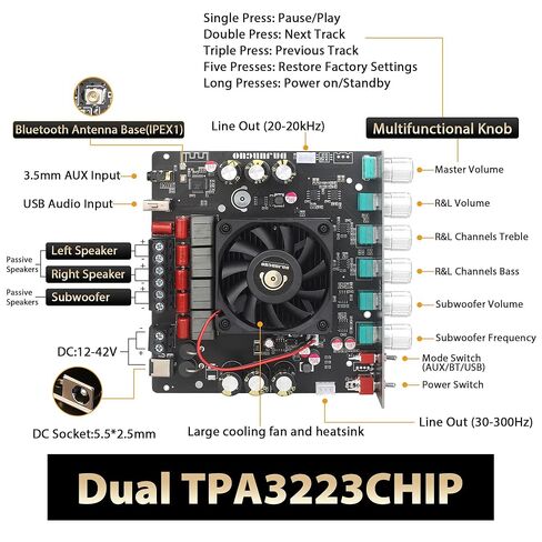 X400HS 2.1 Channel Bluetooth 5.0 Amplifier Board, TPA3223 Chip 200W+200W+400W Output, 12-42V DC with 6 Knob Controls, for DIY Subwoofer/Speaker/Home Theater Audio System in Saudi Arabia
