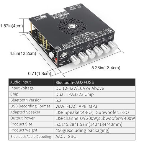 X400HS 2.1 Channel Bluetooth 5.0 Amplifier Board, TPA3223 Chip 200W+200W+400W Output, 12-42V DC with 6 Knob Controls, for DIY Subwoofer/Speaker/Home Theater Audio System in Saudi Arabia