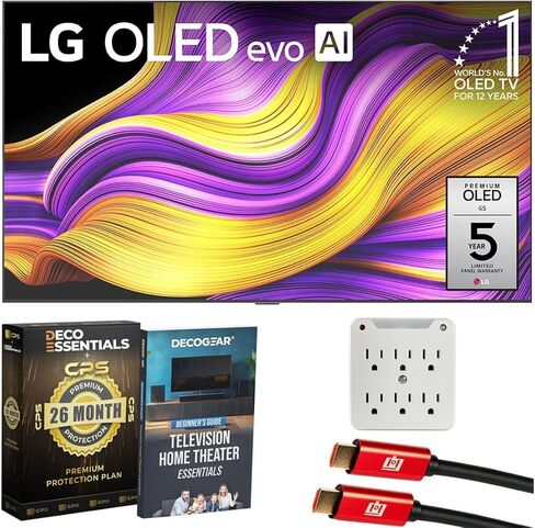 LG 65" G5 OLED evo 4K UHD TV with One Wall Design 2025 Bundle with Deco Essentials CPS Exclusive 26 Month Protection, 2X HDMI Cable, Surge Adapter & Deco Gear Home Theater Beginner's Guidebook in Saudi Arabia
