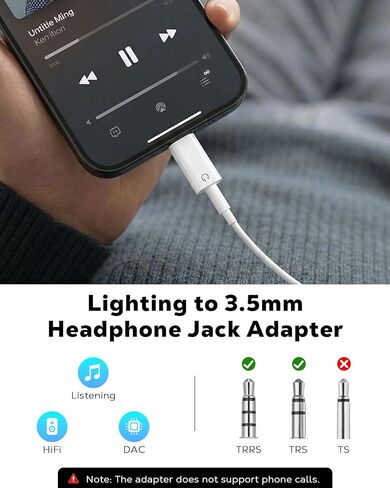 MoKo Lightning to 3.5mm Audio Headphone Adapter (Playback Only), DAC Chip Lightning to Aux 3.5mm Headphone Jack Audio Dongle for iPhone 14 Pro Max/14 Plus/13 12 11 Pro Max/SE/XS, White in Saudi Arabia