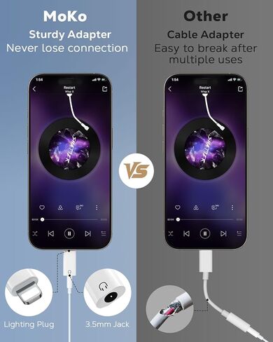 MoKo Lightning to 3.5mm Audio Headphone Adapter (Playback Only), DAC Chip Lightning to Aux 3.5mm Headphone Jack Audio Dongle for iPhone 14 Pro Max/14 Plus/13 12 11 Pro Max/SE/XS, White in Saudi Arabia
