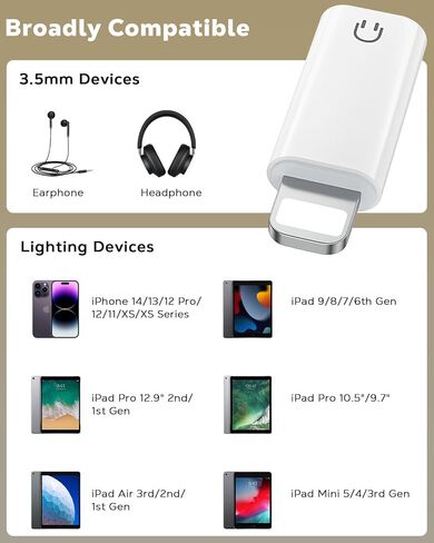 MoKo Lightning to 3.5mm Audio Headphone Adapter (Playback Only), DAC Chip Lightning to Aux 3.5mm Headphone Jack Audio Dongle for iPhone 14 Pro Max/14 Plus/13 12 11 Pro Max/SE/XS, White in Saudi Arabia