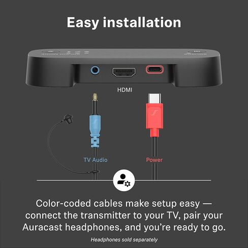 جهاز إرسال تلفزيون Sennheiser BTA1 لسماعات الرأس اللاسلكية Bluetooth Auracast - صوت محيطي افتراضي مدمج وأوضاع وضوح الكلام، HDMI، اتصالات بصرية، تناظرية، نطاق لاسلكي يصل إلى 50 مترًا in Saudi Arabia