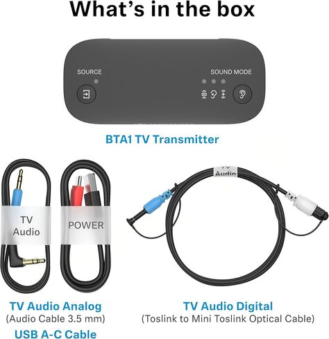 جهاز إرسال تلفزيون Sennheiser BTA1 لسماعات الرأس اللاسلكية Bluetooth Auracast - صوت محيطي افتراضي مدمج وأوضاع وضوح الكلام، HDMI، اتصالات بصرية، تناظرية، نطاق لاسلكي يصل إلى 50 مترًا in Saudi Arabia