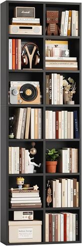 FOTOSOK 71'' Tall Bookshelf with 14 Cubes, 7 Tier Double Wide Black Bookshelf with 6 Adjustable Shelves, 19.6" Narrow Bookcase DVD/CD Media Storage, Space Saving Display Shelf Cabinet, Black in Saudi Arabia