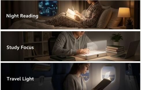 ضوء قراءة LED قابل لإعادة الشحن، إضاءة للصفحة الكاملة، 3 درجات حرارة ألوان، تعتيم بدون خطوات، مع مؤقت، بطارية 1200 مللي أمبير، حجم صغير in Saudi Arabia