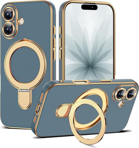 متوافق مع حافظة iPhone 17 Pro Max مع حامل حلقي مغناطيسي [متوافق مع Mag-Safe] [واقي عدسة الكاميرا بالكامل] جراب هاتف مطلي ناعم لهاتف iPhone 17 Pro Max 6.9 بوصة، رمادي أزرق in Saudi Arabia