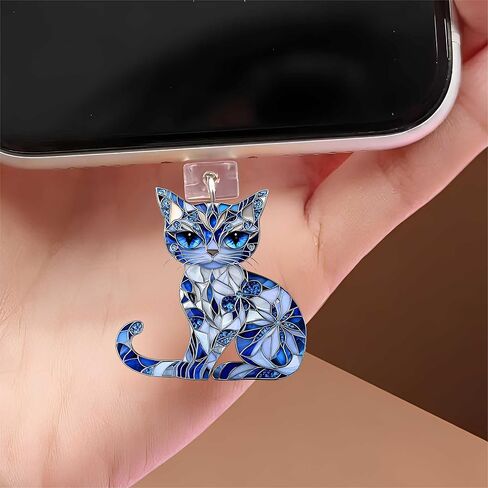 Blue Stained Glass Cat Dust Plug Acrylic Charms for electronic products,Type-C Charging Port Dust Plugs Pendant Compatible with E-Reader Phone Tablet, Gift for Christmas, Birthday, Anniversary Day in Saudi Arabia