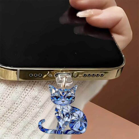 Blue Stained Glass Cat Dust Plug Acrylic Charms for electronic products,Type-C Charging Port Dust Plugs Pendant Compatible with E-Reader Phone Tablet, Gift for Christmas, Birthday, Anniversary Day in Saudi Arabia