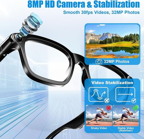 AI Smart Glasses with Camera, 8MP HD Camera Glasses for Women Men, Video Recording Sunglasses with Voice Assistant, Open-Ear Audio, Real-Time Translation for Life &Work Vlog, Black(3 Lenses) in Saudi Arabia