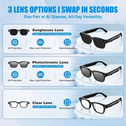 AI Smart Glasses with Camera, 8MP HD Camera Glasses for Women Men, Video Recording Sunglasses with Voice Assistant, Open-Ear Audio, Real-Time Translation for Life &Work Vlog, Black(3 Lenses) in Saudi Arabia