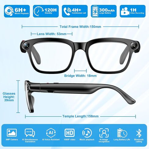 AI Smart Glasses with Camera, 8MP HD Camera Glasses for Women Men, Video Recording Sunglasses with Voice Assistant, Open-Ear Audio, Real-Time Translation for Life &Work Vlog, Black(3 Lenses) in Saudi Arabia