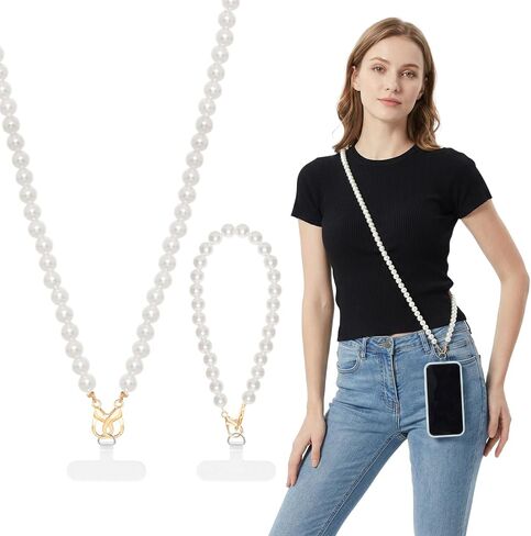 2 Pcs Pearl Beaded Phone Lanyard Cell Phone Crossbody Chain and Wrist Strap Universal Phone Detachable Lanyard Strap for Most Smartphones in Saudi Arabia
