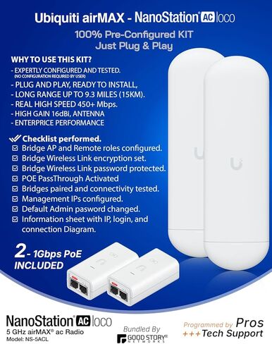 Wireless Bridge Ubiquiti NS-5AC PRE-CONFIGURED, Bundle of 2 Ubiquiti Nanostation NS5AC, Point to Point Outdoor WiFi Bridge, Plugh and Play, 5GHz, 450+Mbps, 15+km Link Range, Network Bridge in Saudi Arabia
