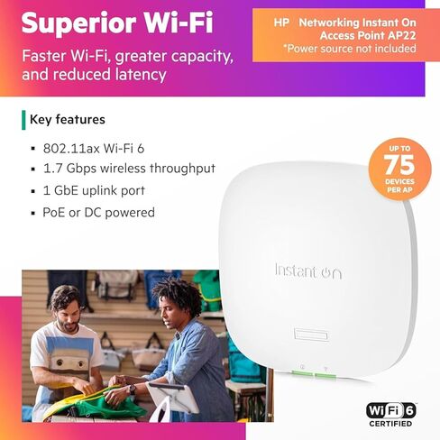 نقطة وصول HP Aruba Networking Instant On Access Point AP22 WiFi 6 نقطة وصول لاسلكية داخلية | دعم شبكي طويل المدى وآمن وذكي | مصدر الطاقة غير متضمن| الموديل الأمريكي (R4W01A) in Saudi Arabia