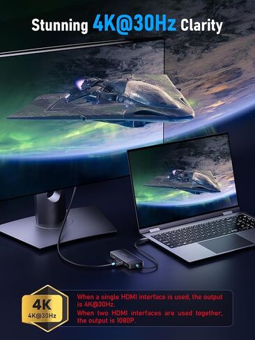 محطة إرساء Lemorele شاشة مزدوجة، محول USB C Hub متعدد المنافذ 6 في 1 مع 2 HDMI 4K، 5 جيجابت في الثانية USB3.0 و2 USB2.0، شحن PD 100 وات - قاعدة USB C لأجهزة الكمبيوتر المحمول Dell/Lenovo/HP/MacBook/Surface - التوصيل والتشغيل in Saudi Arabia