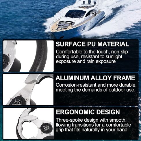 RUTU Boat Steering Wheel 3-Spoke D Shape with steering wheel knob, PU Foam Sliver Boat Steer Wheel, Aluminum alloy frame, Includes 3/4" Mounting Base, Anti-Slip for Vessels Yachts Pontoons in Saudi Arabia