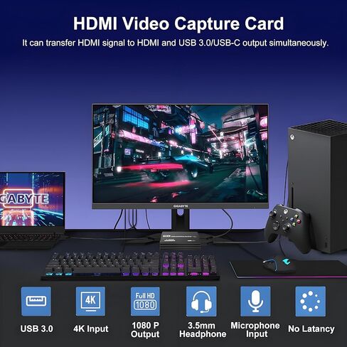 بطاقة التقاط فيديو HDMI 4K، بطاقة التقاط HDMI إلى USB 3.0 للبث والتسجيل، مدخل 4K@60 هرتز، مخرج 1080P@60 هرتز، متوافق مع Switch/PS5/Xbox/PC/الكاميرا/Mac/OBS/XSplit in Kuwait