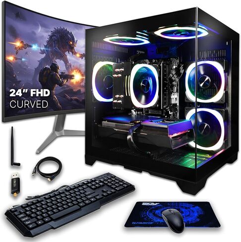 SAAV CORE Prebuilt Gaming PC Bundle Desktop Tower AMD Ryzen 5 5500 GeForce RTX 3050 6GB GDDR6 Dual Curved 27in Monitor 16GB DDR4 512GB NVMe WiFi6 Windows 11 AIO Liquid Cooled Computer PC Gaming Black in Saudi Arabia