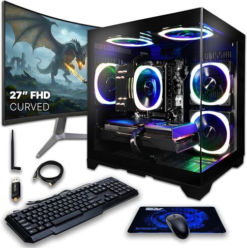 SAAV CORE Prebuilt Gaming PC Bundle Desktop Tower AMD Ryzen 5 5500 GeForce RTX 3050 6GB GDDR6 Dual Curved 27in Monitor 16GB DDR4 512GB NVMe WiFi6 Windows 11 AIO Liquid Cooled Computer PC Gaming Black in Saudi Arabia