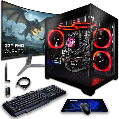SAAV CORE Prebuilt Gaming PC Bundle Desktop Tower AMD Ryzen 5 5500 GeForce RTX 3050 6GB GDDR6 Dual Curved 27in Monitor 16GB DDR4 512GB NVMe WiFi6 Windows 11 AIO Liquid Cooled Computer PC Gaming Black in Saudi Arabia