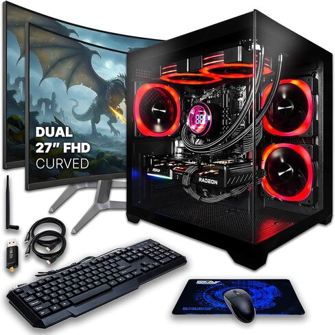 SAAV CORE Prebuilt Gaming PC Bundle Desktop Tower AMD Ryzen 5 5500 GeForce RTX 3050 6GB GDDR6 Dual Curved 27in Monitor 16GB DDR4 512GB NVMe WiFi6 Windows 11 AIO Liquid Cooled Computer PC Gaming Black in Saudi Arabia