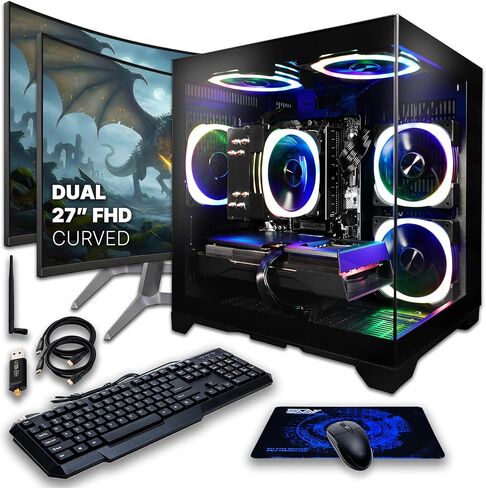 SAAV CORE Prebuilt Gaming PC Bundle Desktop Tower AMD Ryzen 5 5500 GeForce RTX 3050 6GB GDDR6 Dual Curved 27in Monitor 16GB DDR4 512GB NVMe WiFi6 Windows 11 AIO Liquid Cooled Computer PC Gaming Black in Saudi Arabia