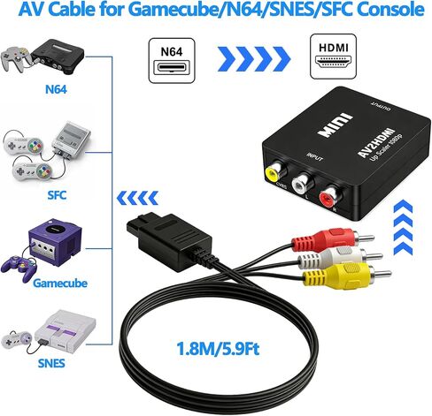 AV to HDMI Converter,RCA to HDMI Converter Support HDMI 1080P Output,Compatible with Xbox Original /Wii/PS2/VHS/VCR/Blue-Ray DVD Player,RCA AV Cable for N64/Gamecube /SNES/SFC Console with HDMI Cable in Saudi Arabia