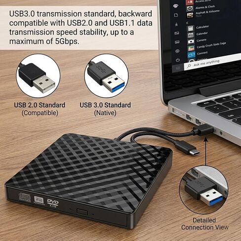 USB External DVD/CD Drive, Portable CD/DVD RW Reader & Writer for Laptop, High-Speed USB 3.0 Optical Drive, Compatible with Windows, Mac OS and Linux Systems in Saudi Arabia
