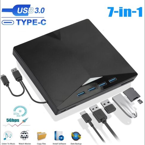 7-in-1 USB 3.0 & Type-C External DVD/CD Drive, Portable Burner/Reader/Writer for, Plug & Play with SD/TF Card Reader & USB Hub in Saudi Arabia
