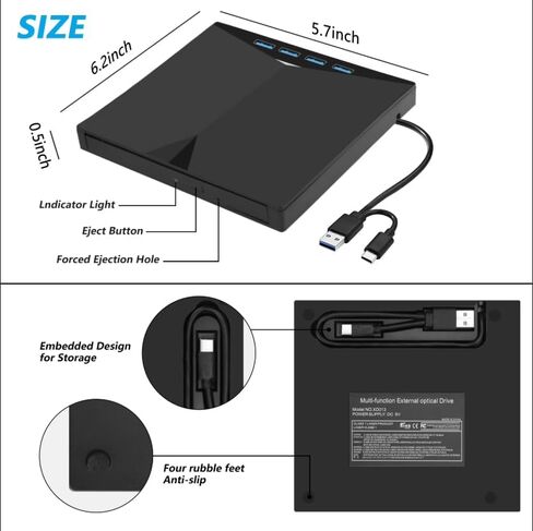 7-in-1 USB 3.0 & Type-C External DVD/CD Drive, Portable Burner/Reader/Writer for, Plug & Play with SD/TF Card Reader & USB Hub in Saudi Arabia