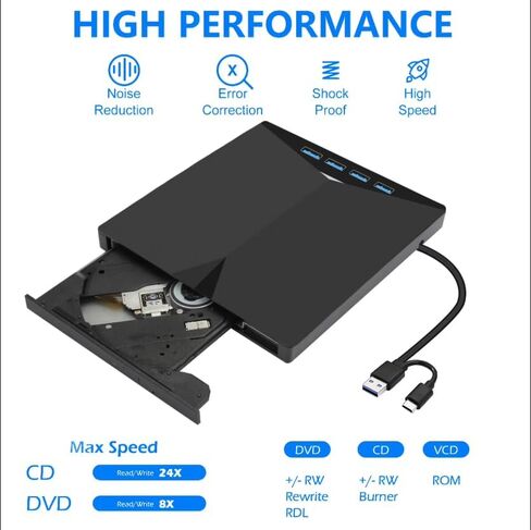 7-in-1 USB 3.0 & Type-C External DVD/CD Drive, Portable Burner/Reader/Writer for, Plug & Play with SD/TF Card Reader & USB Hub in Saudi Arabia
