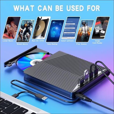 7-in-1 External CD/DVD Drive, USB 3.0 & Type-C Portable DVD RW Reader & Writer, Compatible with DVD/CD/VCD Discs, for Laptop, Desktop and Notebook in Saudi Arabia