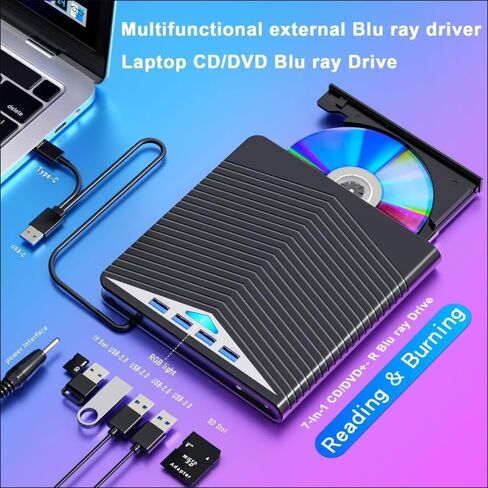 7-in-1 External CD/DVD Drive, USB 3.0 & Type-C Portable DVD RW Reader & Writer, Compatible with DVD/CD/VCD Discs, for Laptop, Desktop and Notebook in Saudi Arabia