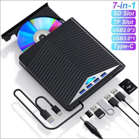 7-in-1 External CD/DVD Drive, USB 3.0 & Type-C Portable DVD RW Reader & Writer, Compatible with DVD/CD/VCD Discs, for Laptop, Desktop and Notebook in Saudi Arabia