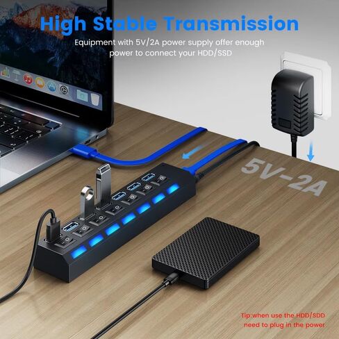 USB 3.0 Hub, 1 USB 3.0 and 6 USB 2.0 Ports with USB Cable, Portable USB Adapter Multiport Data Hub for Home Office Laptop Desktop Workstation Data Transfer and Charging, Black in Saudi Arabia