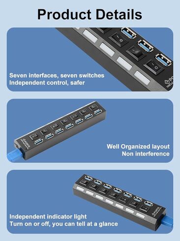 USB 3.0 Hub, 1 USB 3.0 and 6 USB 2.0 Ports with USB Cable, Portable USB Adapter Multiport Data Hub for Home Office Laptop Desktop Workstation Data Transfer and Charging, Black in Saudi Arabia