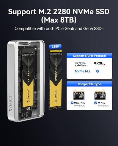 ORICO 80Gbps M.2 NVMe SSD Enclosure PCIE Gen 5 Dual-chip Silent Fanless Compatible with Thunderbolt 5/4/3/USB4/3.2/3.1/3.0 M-Key/(M&B) Key NVMe SSDs up to 8TB Fanless Silent Cooling- X50PRO in Saudi Arabia
