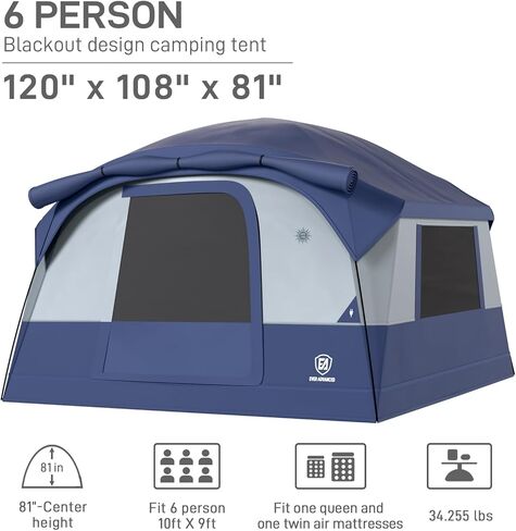 EVER ADVANCED Blackout Design 6 Person Camping Tent with 80 sq.ft Massive Vestibule, Large Mesh Screen Room, 81in Tall Expanded Headroom, Blackout Coating, 4000mm Water-Resistant Compact Storage in Saudi Arabia