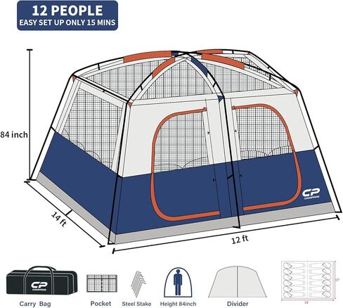 CAMPROS CP 12 Person Cabin Tent, 2 Room Extra Large Straight Wall Camping Tents Waterproof Windproof with Top Rainfly, 6 Large Mesh Windows, Double Layer, Easy Set Up Family Tent in Saudi Arabia