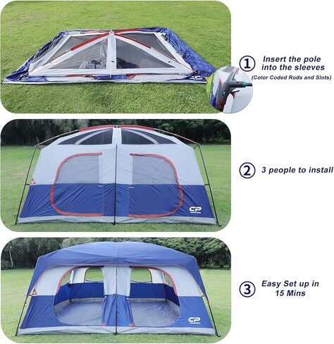 CAMPROS CP 12 Person Cabin Tent, 2 Room Extra Large Straight Wall Camping Tents Waterproof Windproof with Top Rainfly, 6 Large Mesh Windows, Double Layer, Easy Set Up Family Tent in Saudi Arabia