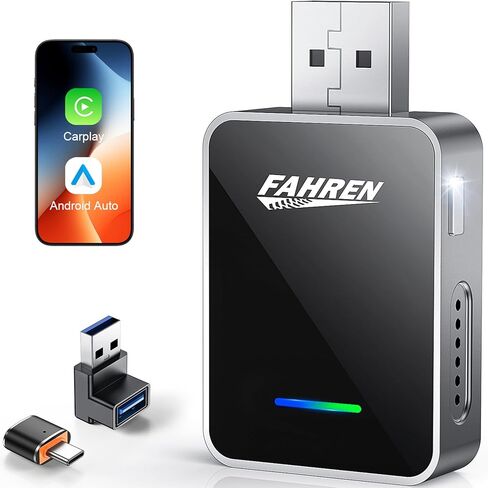 محول FAHREN 2 في 1 اللاسلكي CarPlay & Android Auto، محول لاسلكي لتشغيل السيارة بنقرة واحدة، يحول سلكي إلى محول Carplay بلوتوث صغير، متوافق مع iOS وAndroid مع USB A وUSB C in Kuwait