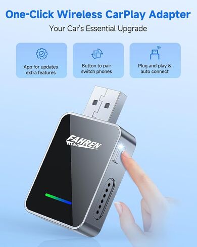 محول FAHREN 2 في 1 اللاسلكي CarPlay & Android Auto، محول لاسلكي لتشغيل السيارة بنقرة واحدة، يحول سلكي إلى محول Carplay بلوتوث صغير، متوافق مع iOS وAndroid مع USB A وUSB C in Kuwait
