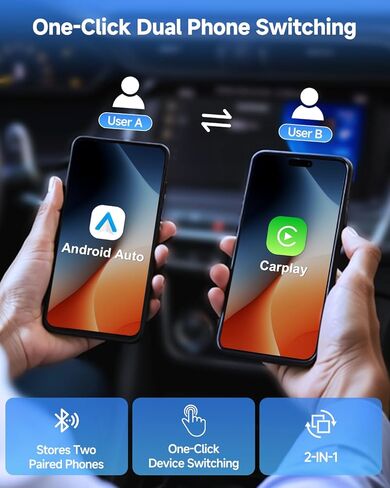 محول FAHREN 2 في 1 اللاسلكي CarPlay & Android Auto، محول لاسلكي لتشغيل السيارة بنقرة واحدة، يحول سلكي إلى محول Carplay بلوتوث صغير، متوافق مع iOS وAndroid مع USB A وUSB C in Kuwait